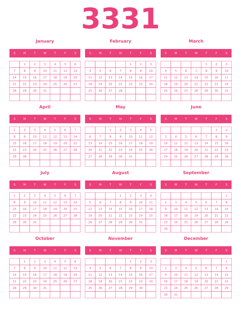 Printable 3331 Year Calendars pink