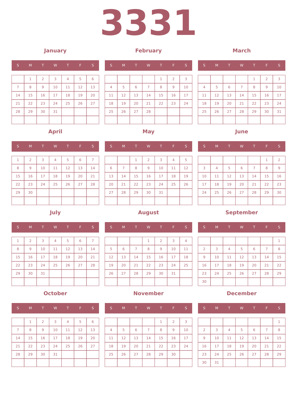 Printable 3331 Year Calendars puce