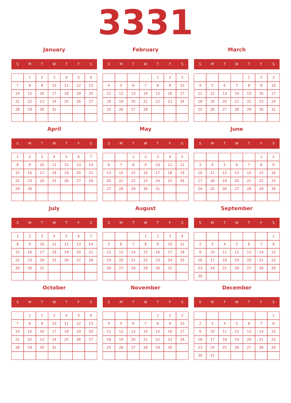 Printable 3331 Year Calendars red