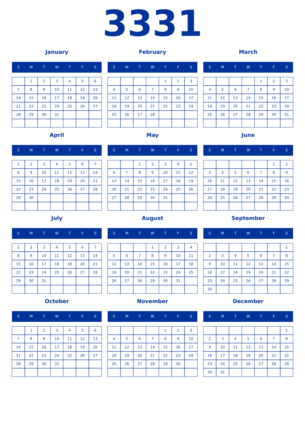Printable 3331 Year Calendars smalt