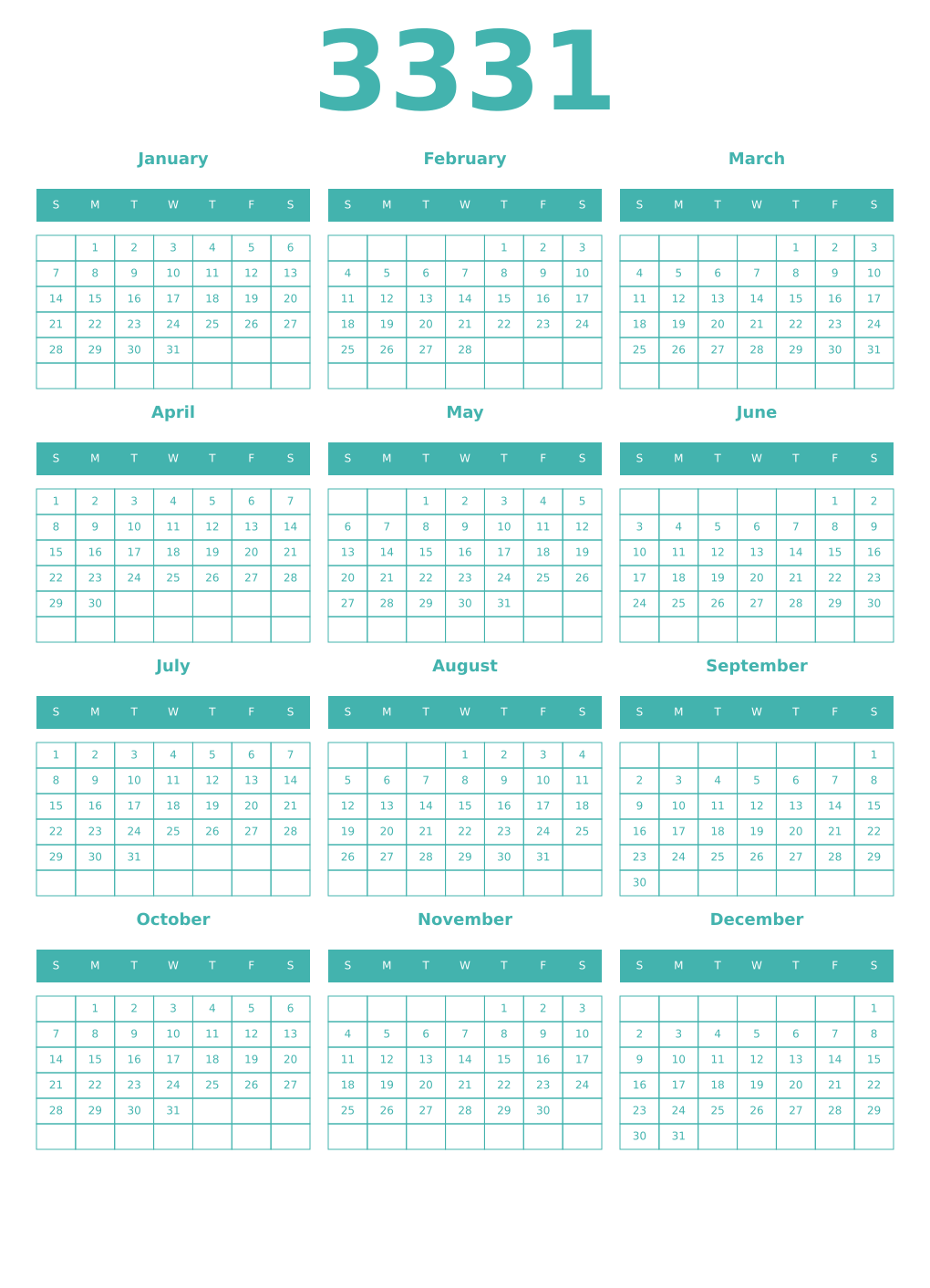 Printable 3331 Year Calendars verdigris