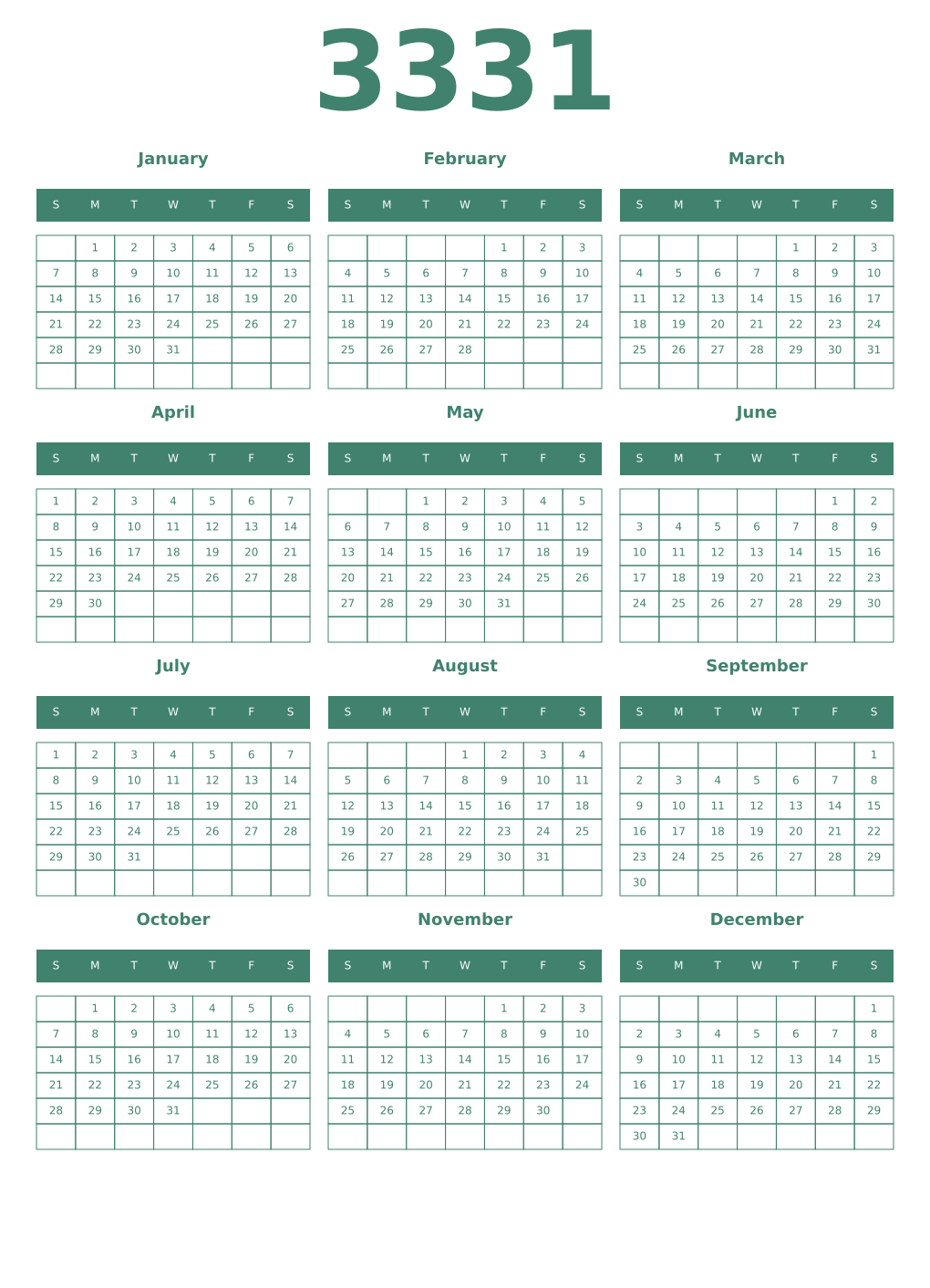 Printable 3331 Year Calendars viridian