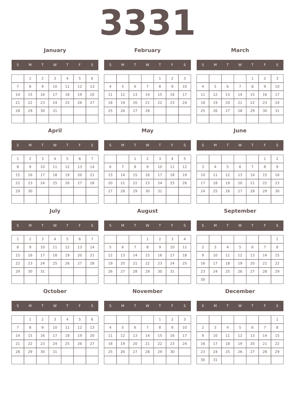 Printable 3331 Year Calendars wenge