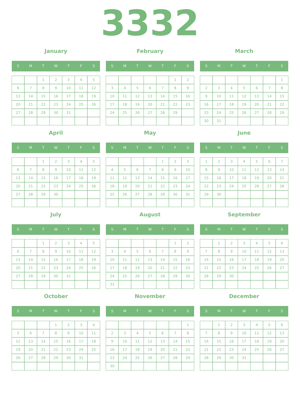 Printable 3332 Year Calendars celadon
