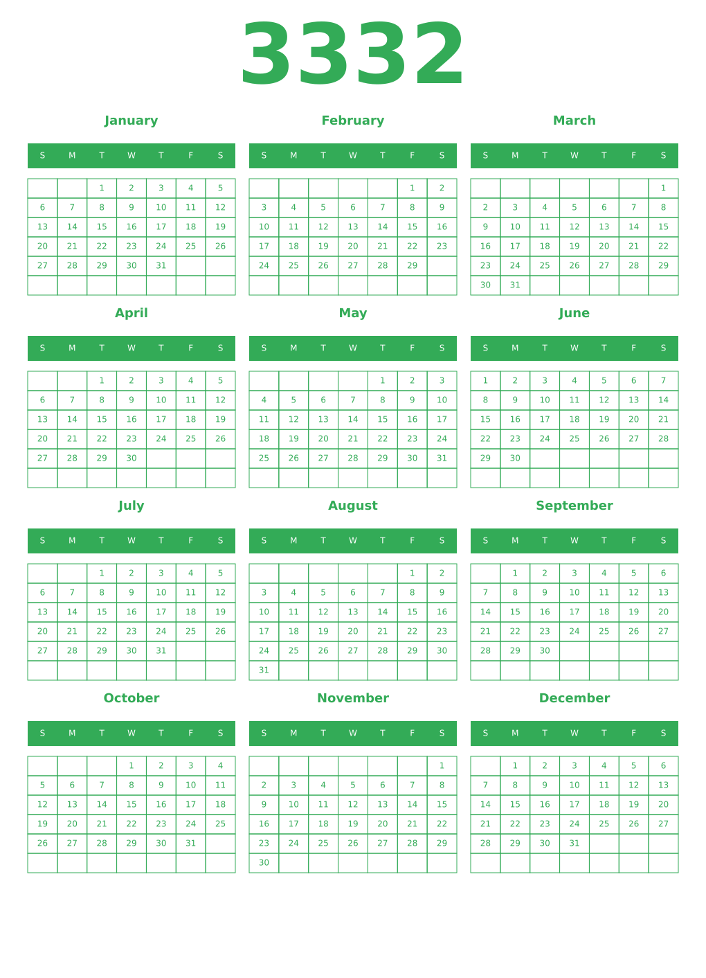 Printable 3332 Year Calendars green