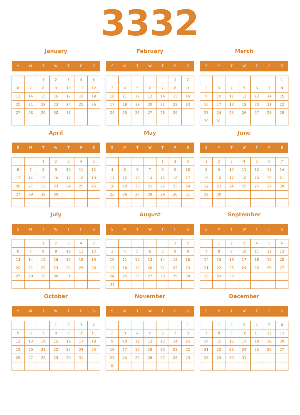 Printable 3332 Year Calendars orange