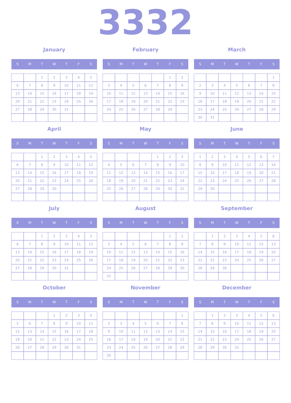 Printable 3332 Year Calendars periwinkle