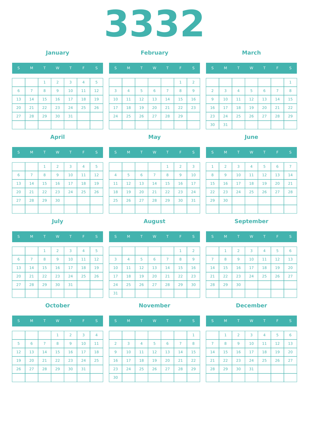 Printable 3332 Year Calendars verdigris