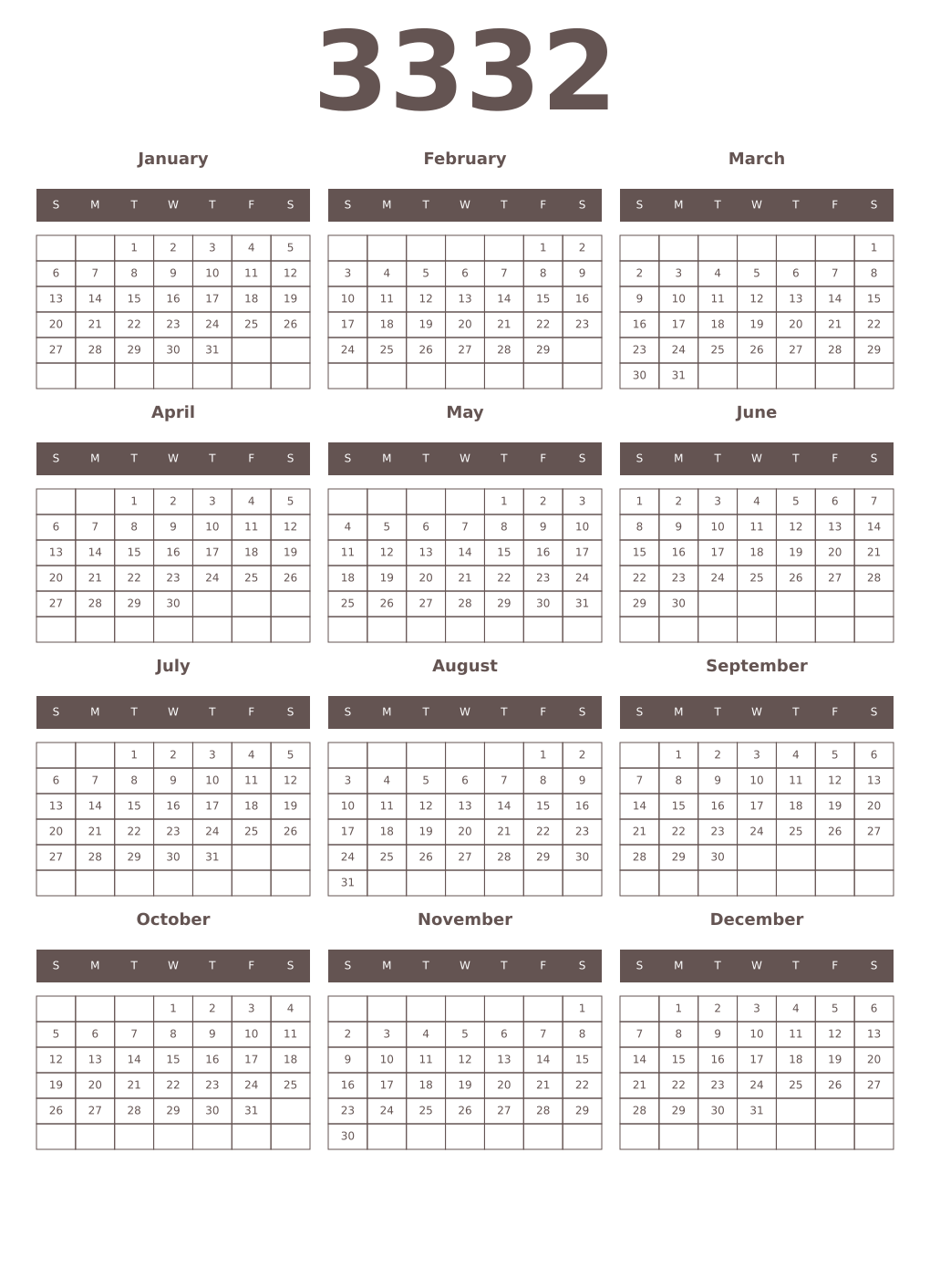 Printable 3332 Year Calendars wenge