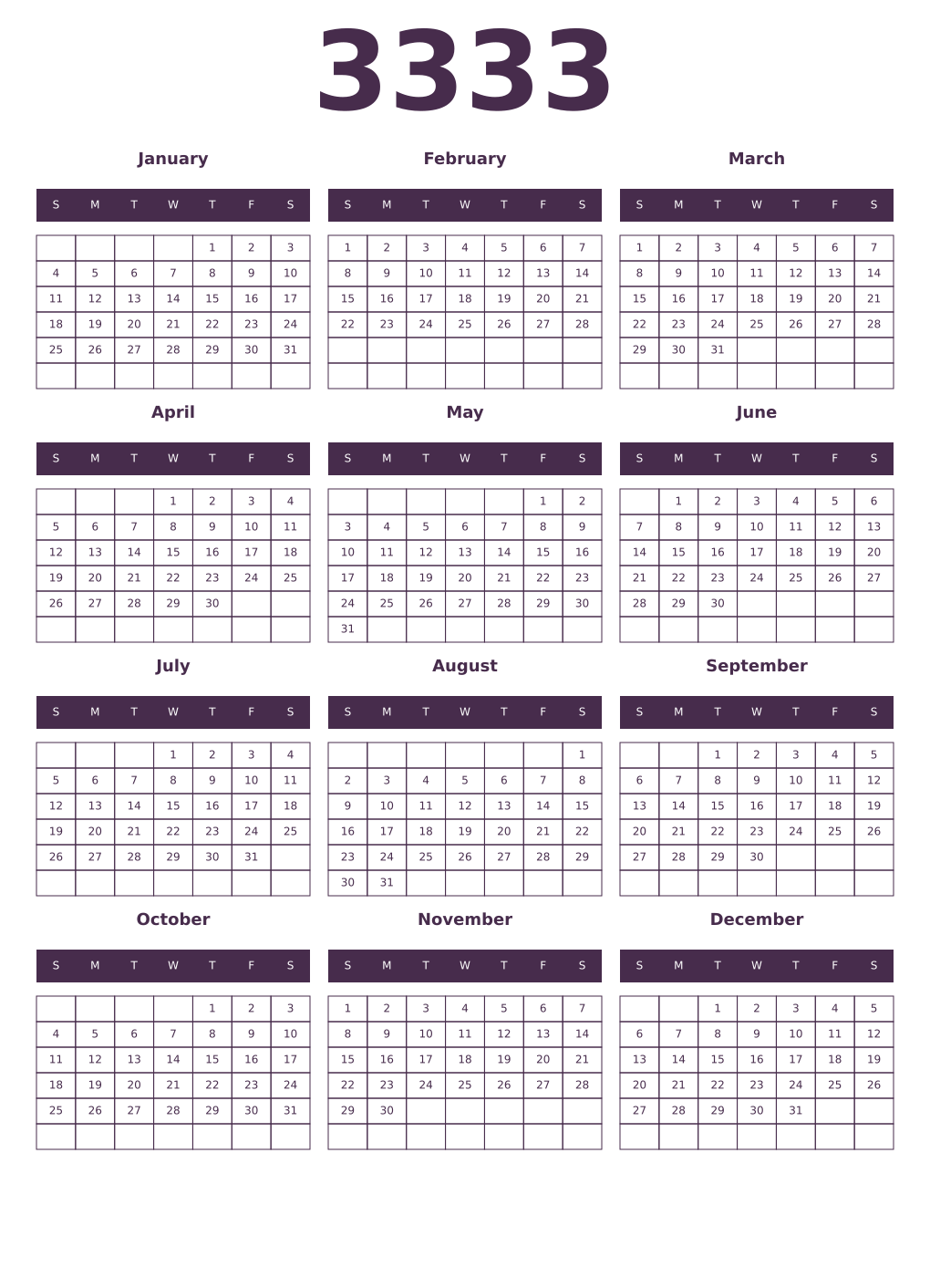 Printable 3333 Year Calendars aubergine