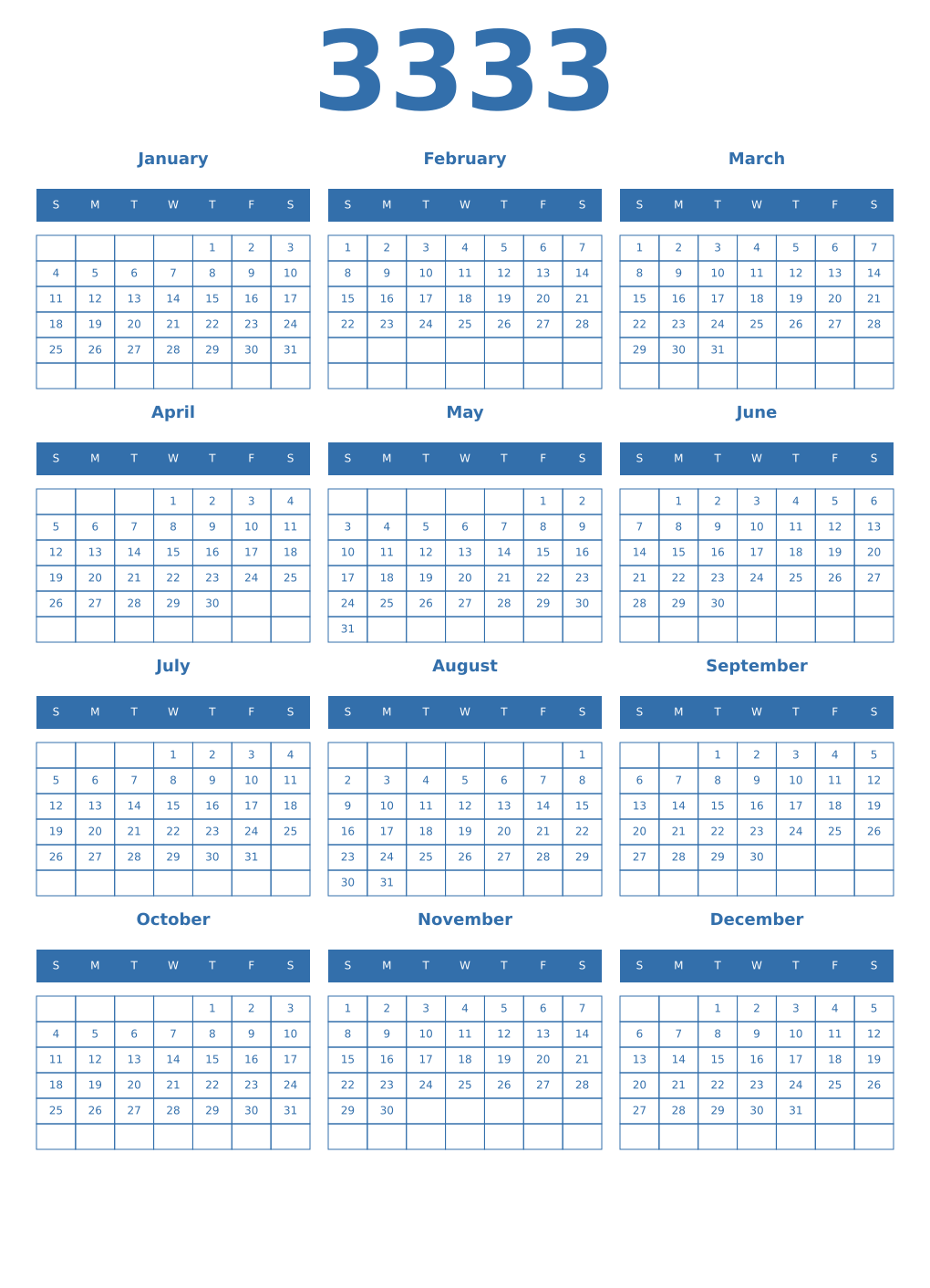 Printable 3333 Year Calendars blue