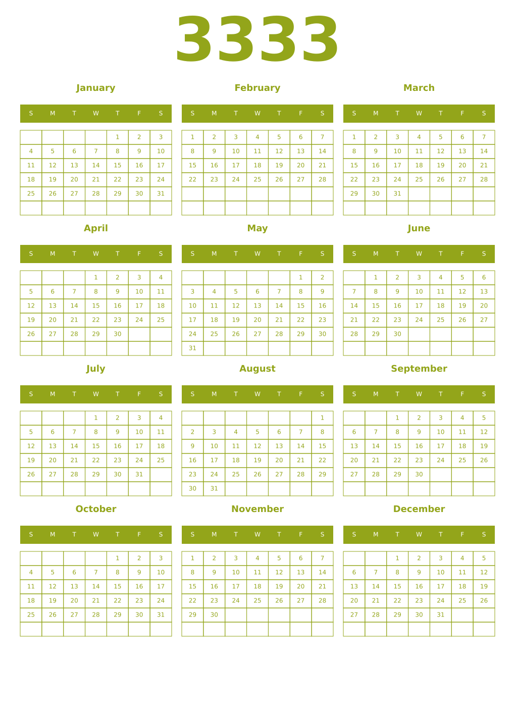 Printable 3333 Year Calendars chartreuse