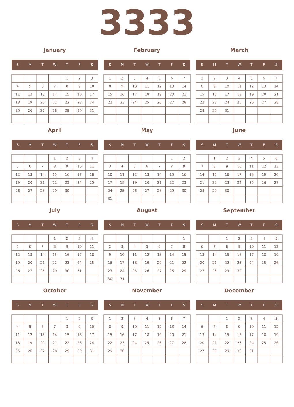 Printable 3333 Year Calendars coffe