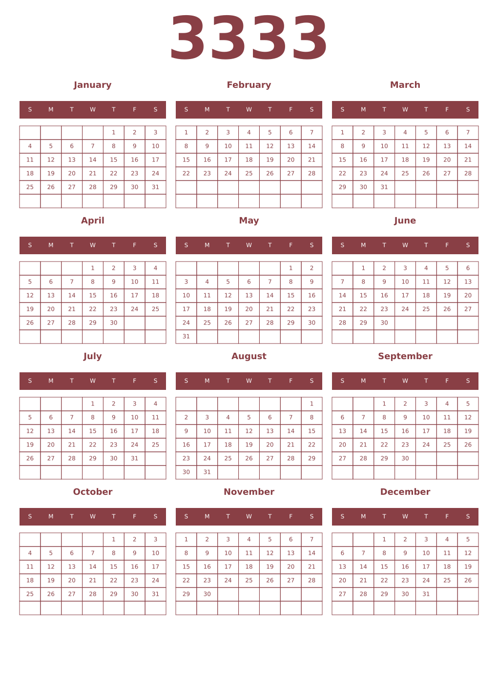 Printable 3333 Year Calendars cordovan
