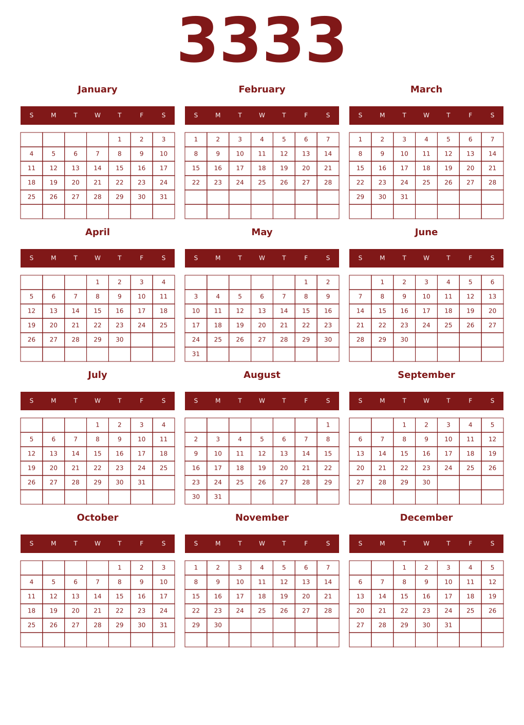 Printable 3333 Year Calendars falu