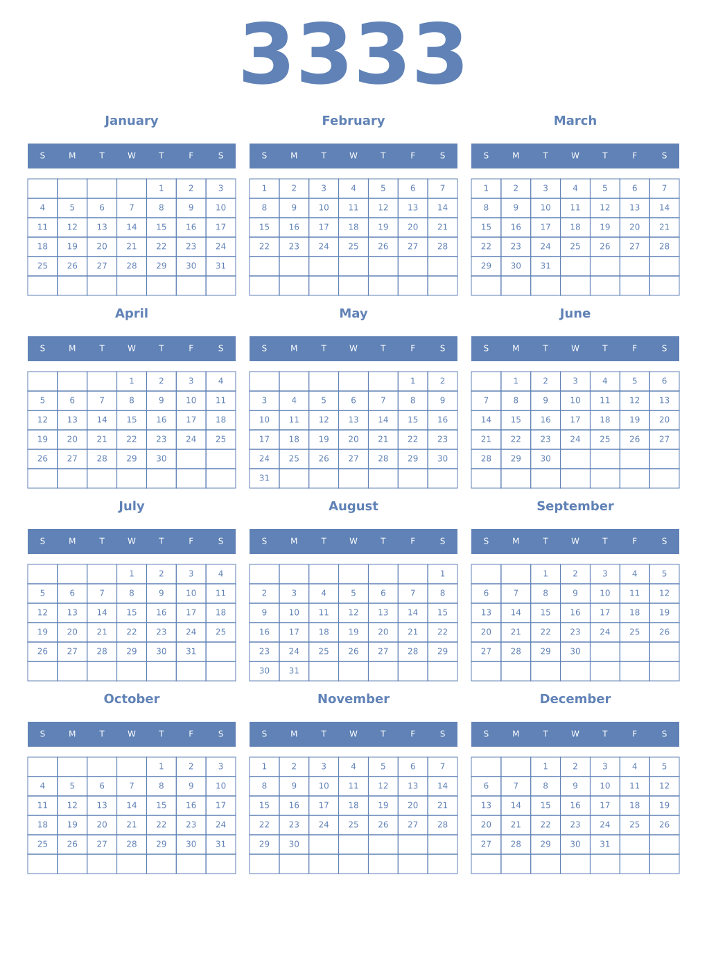 Printable 3333 Year Calendars glaucous