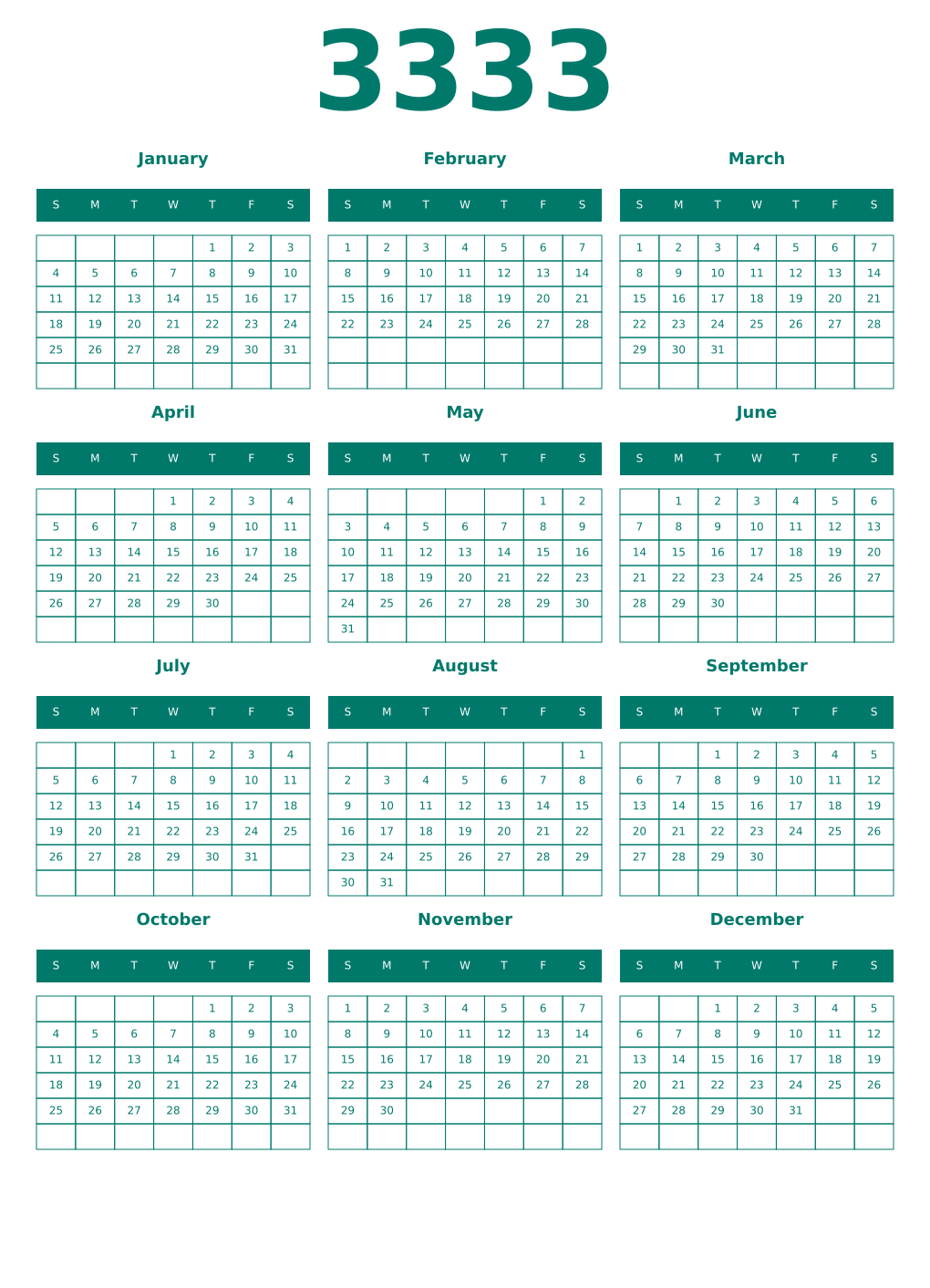 Printable 3333 Year Calendars pastel