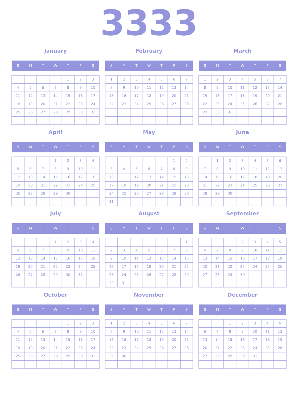 Printable 3333 Year Calendars periwinkle