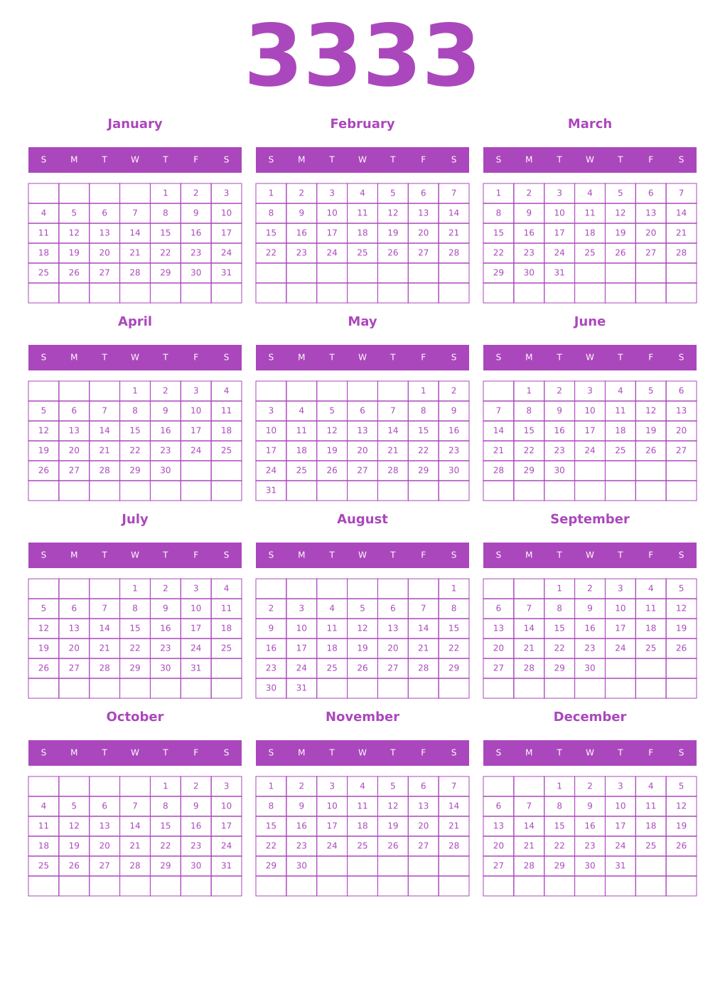 Printable 3333 Year Calendars purple
