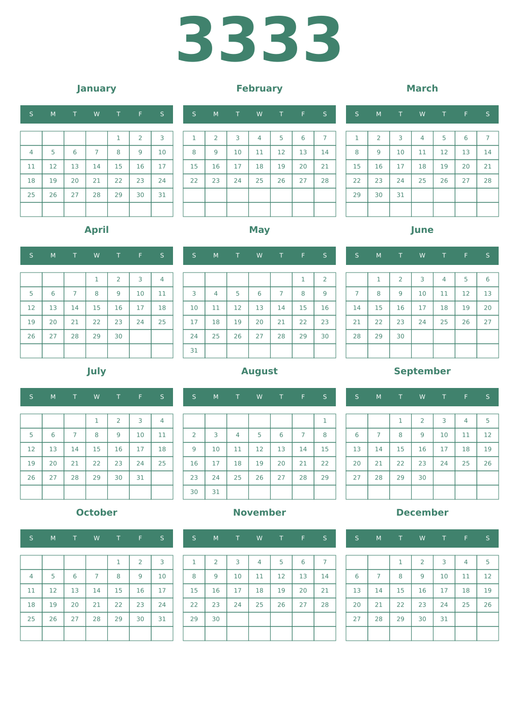 Printable 3333 Year Calendars viridian