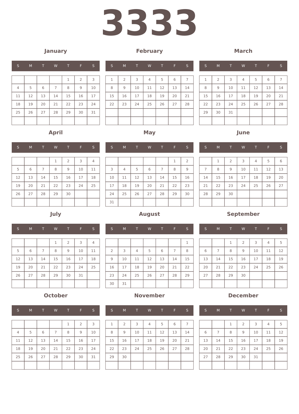 Printable 3333 Year Calendars wenge
