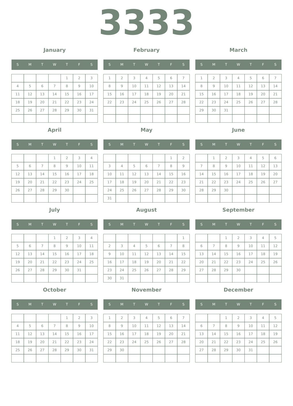 Printable 3333 Year Calendars xanadu