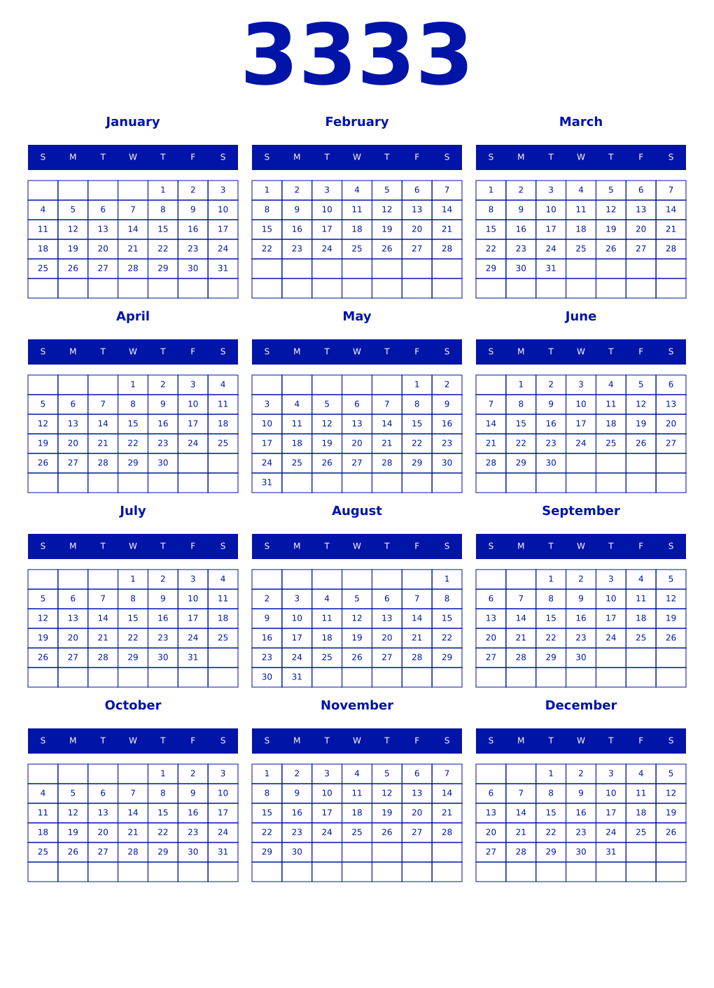 Printable 3333 Year Calendars zaffre