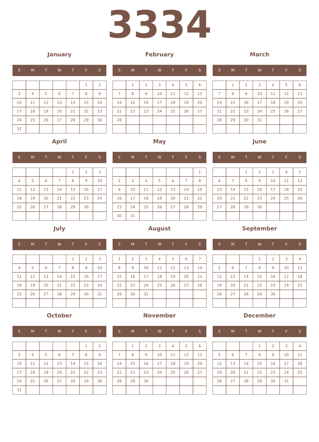 Printable 3334 Year Calendars coffe