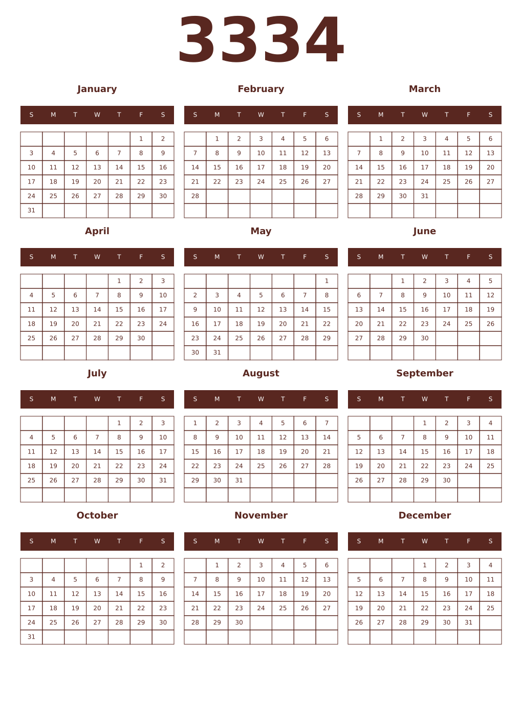 Printable 3334 Year Calendars mortuum