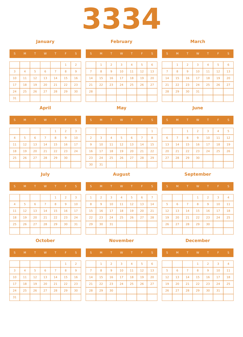Printable 3334 Year Calendars orange