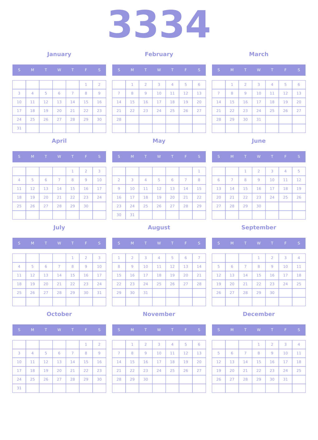 Printable 3334 Year Calendars periwinkle