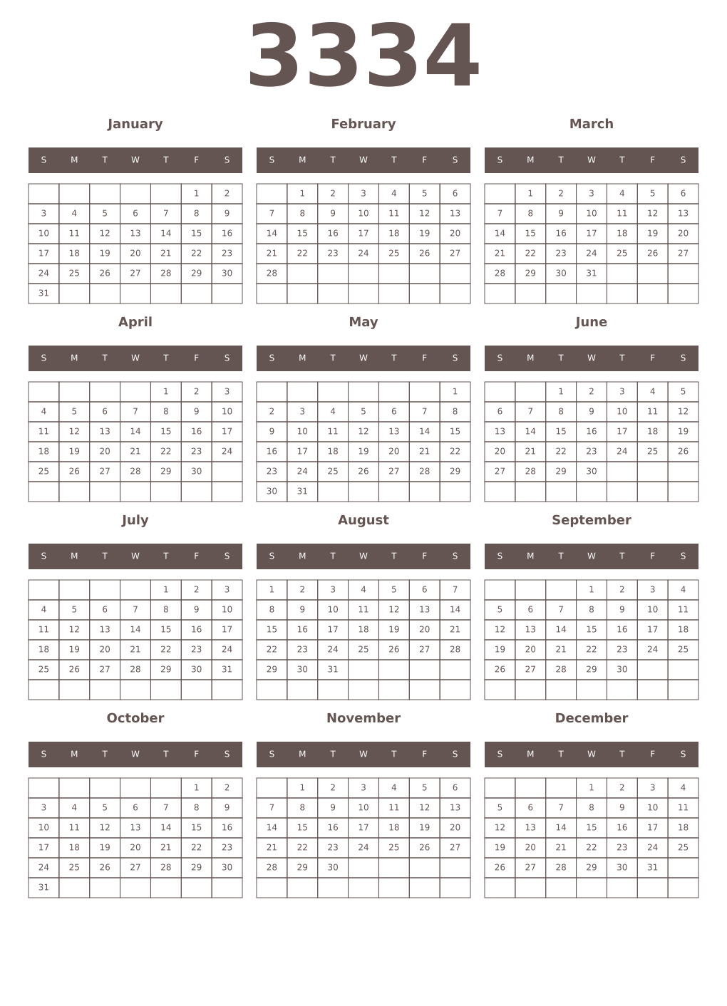 Printable 3334 Year Calendars wenge