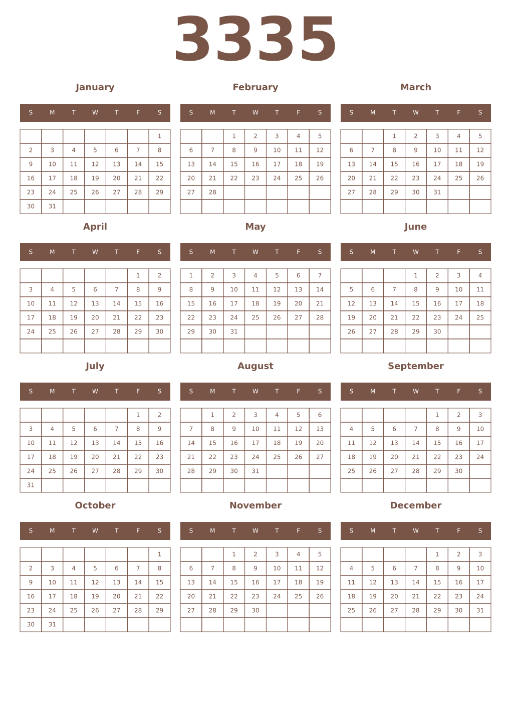 Printable 3335 Year Calendars coffe