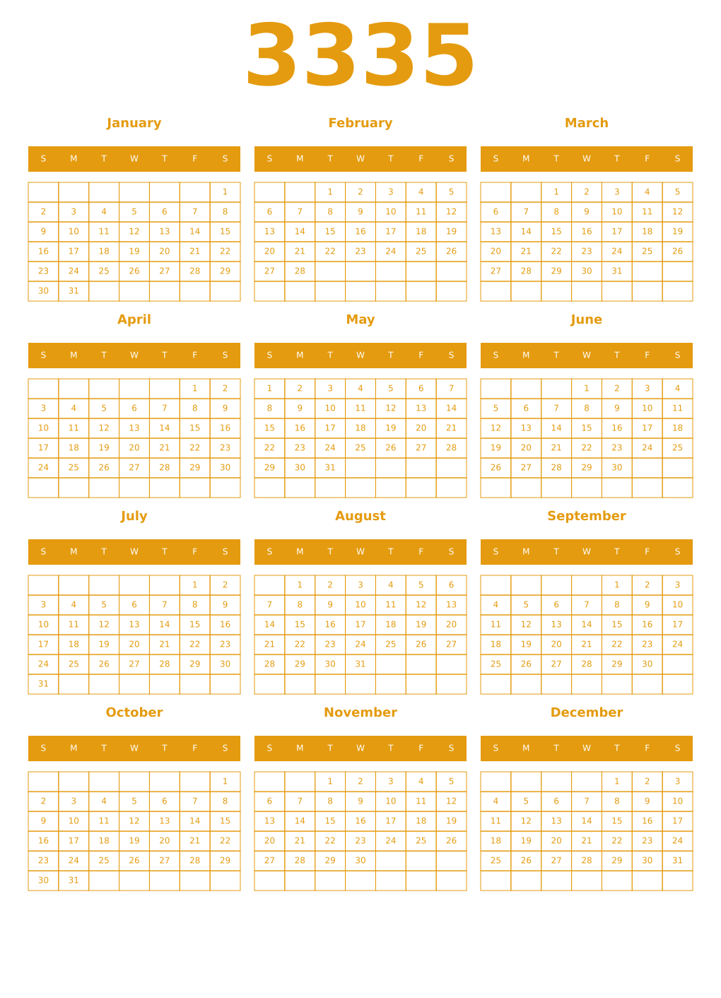 Printable 3335 Year Calendars gamboge