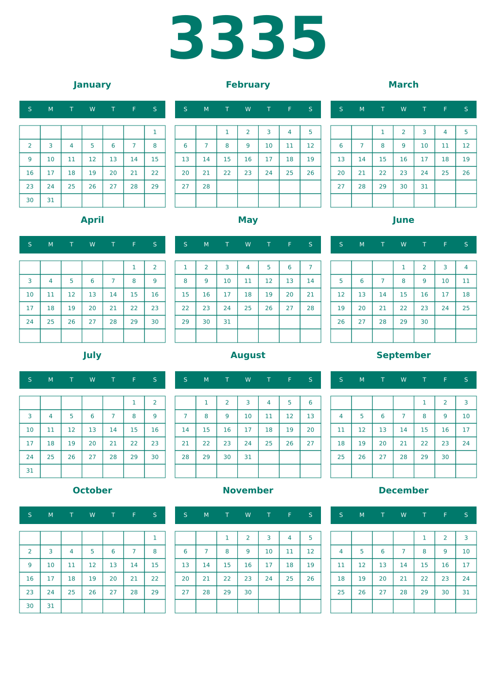 Printable 3335 Year Calendars pastel
