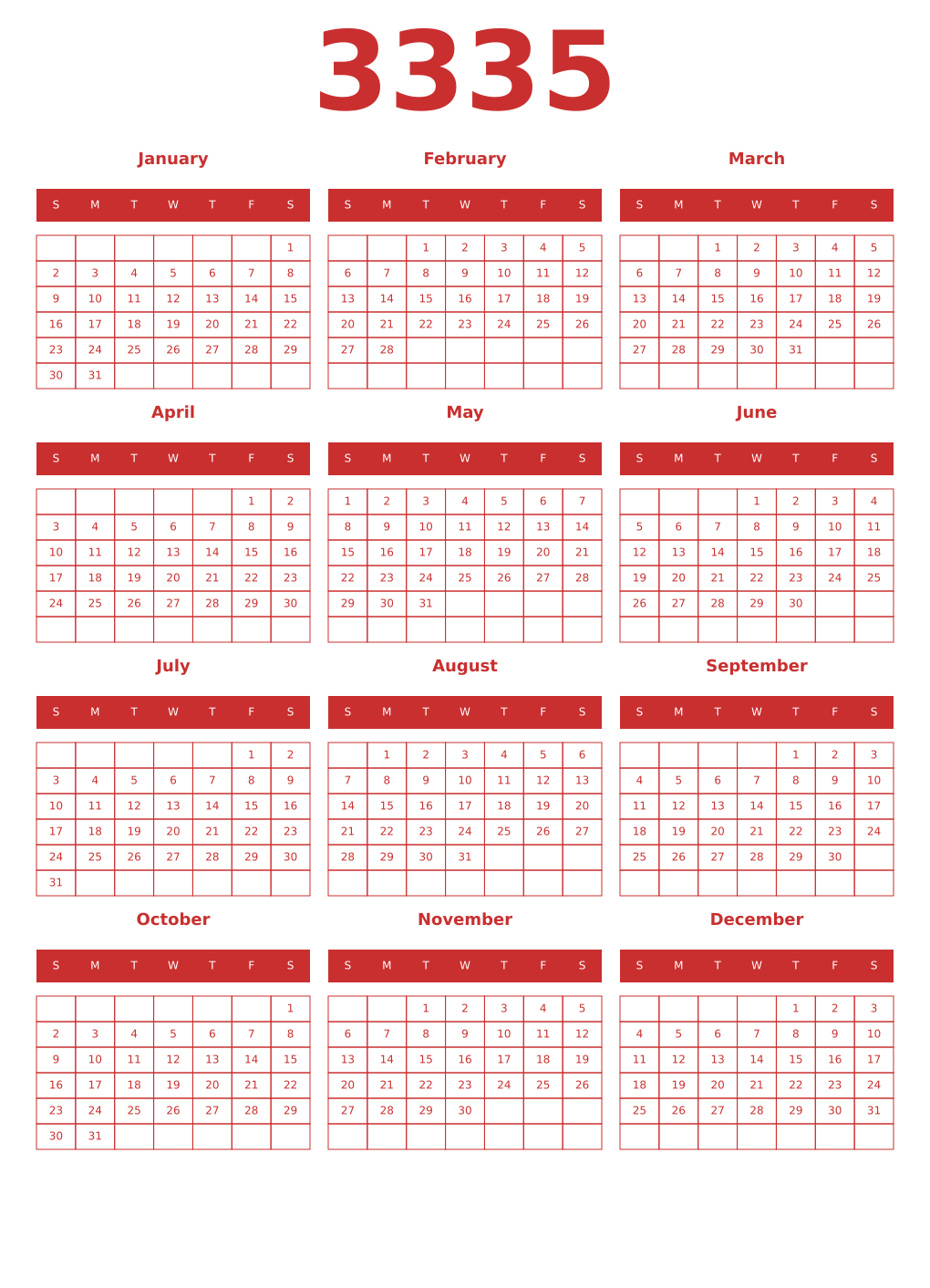 Printable 3335 Year Calendars red
