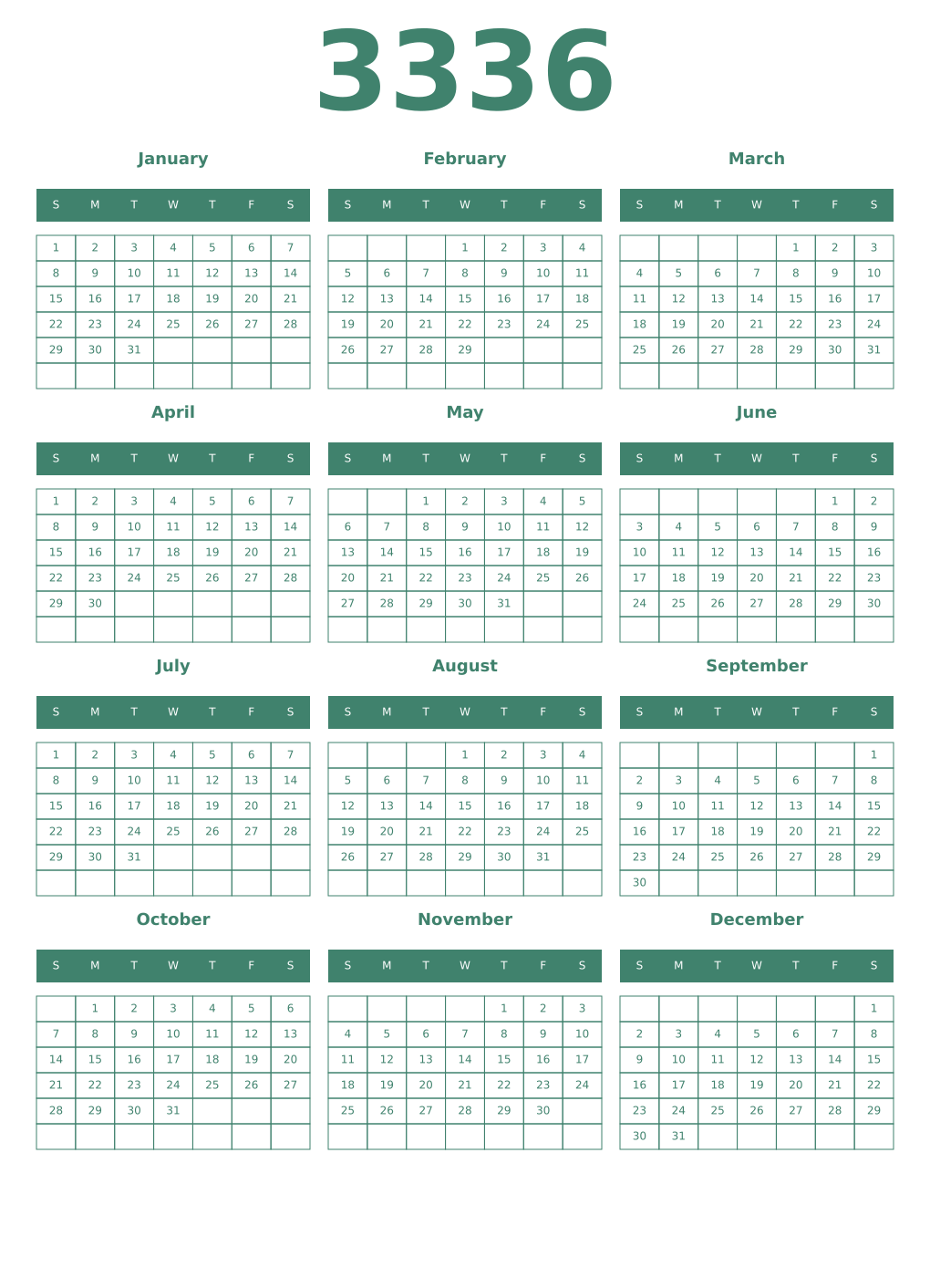 Printable 3336 Year Calendars viridian