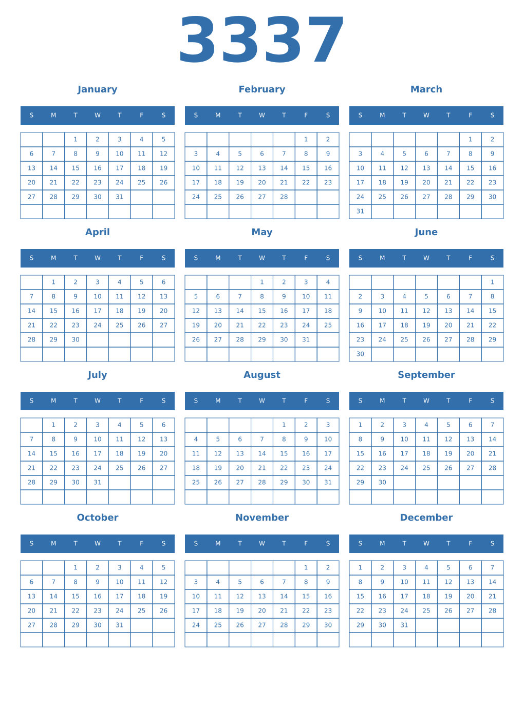 Printable 3337 Year Calendars blue