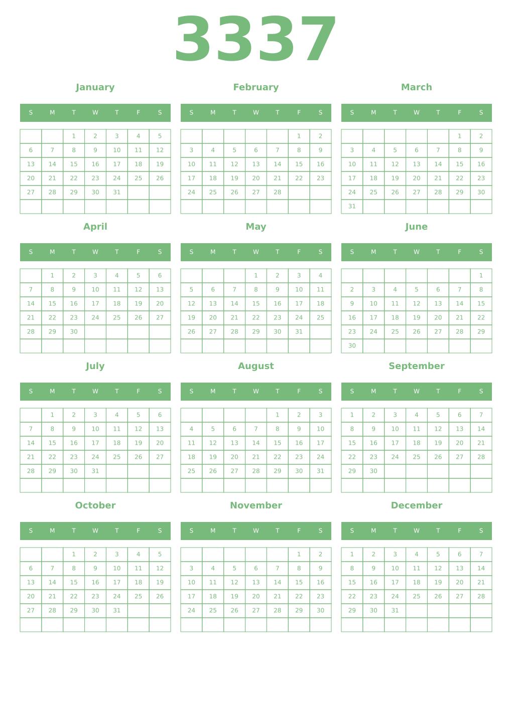 Printable 3337 Year Calendars celadon