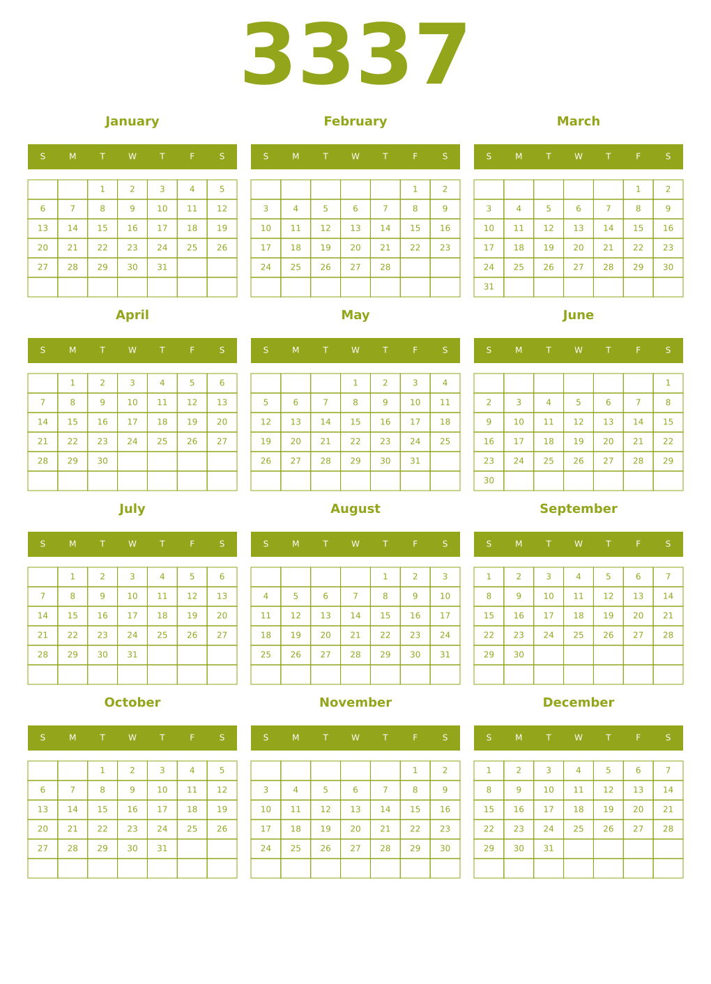 Printable 3337 Year Calendars chartreuse