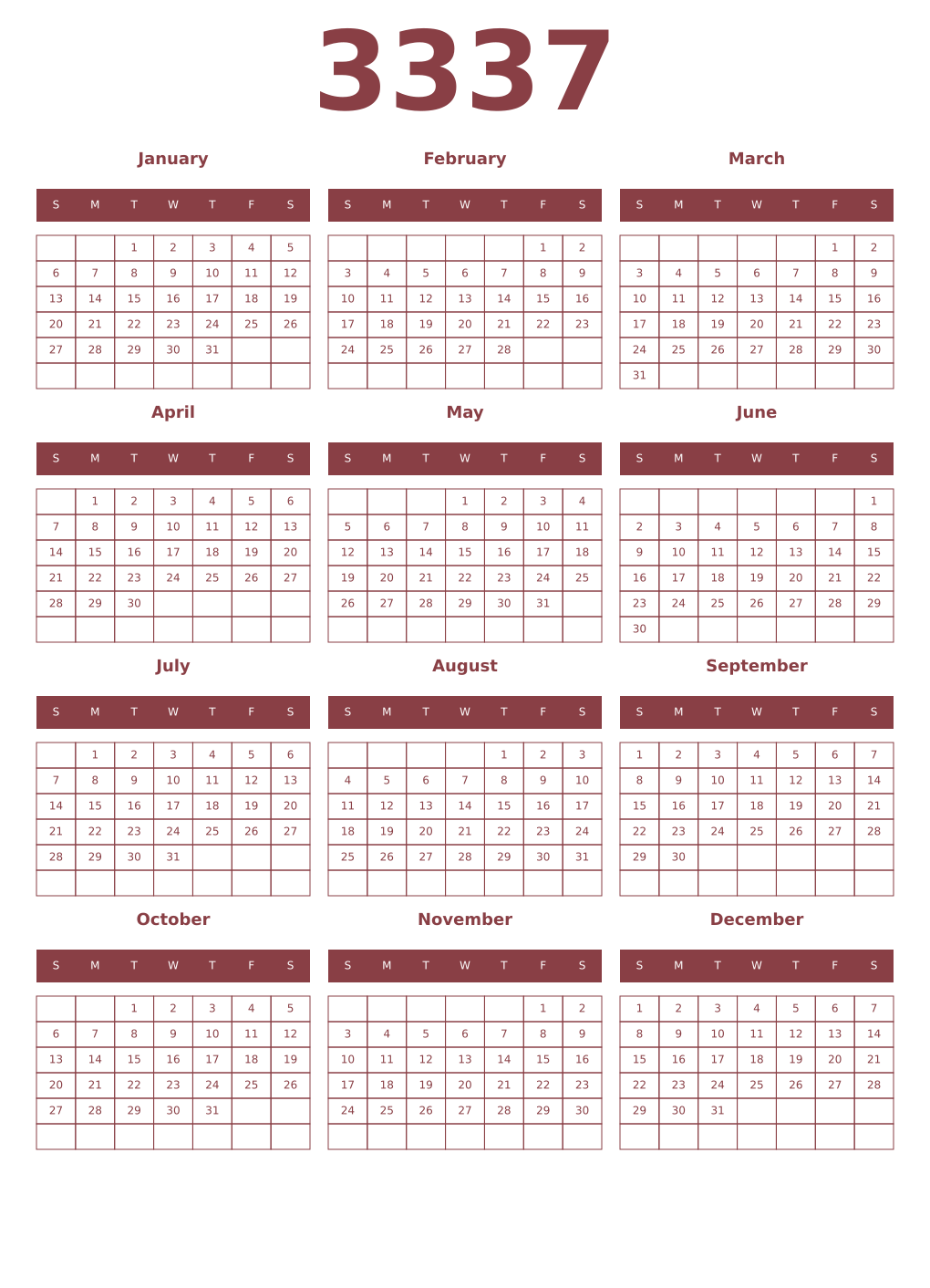 Printable 3337 Year Calendars cordovan