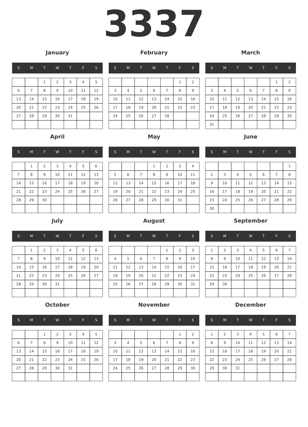 Printable 3337 Year Calendars dark