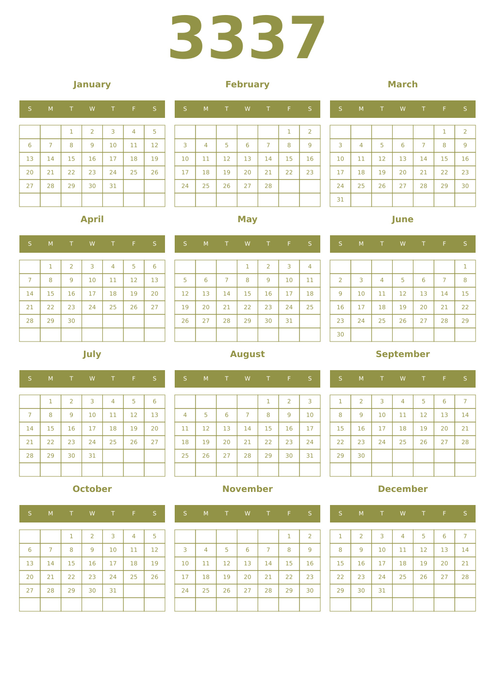 Printable 3337 Year Calendars eburnean