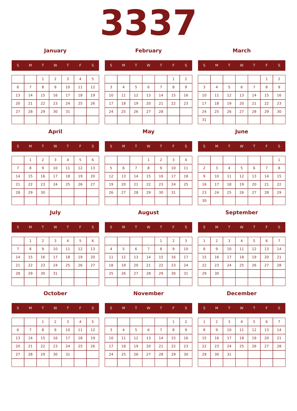 Printable 3337 Year Calendars falu