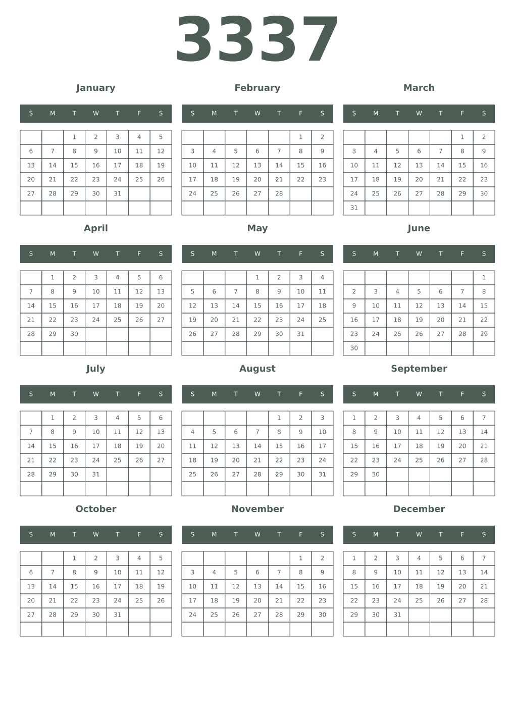 Printable 3337 Year Calendars feldgrau