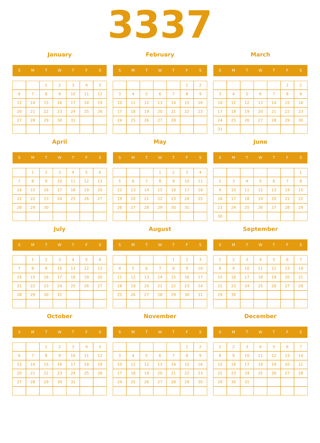 Printable 3337 Year Calendars gamboge