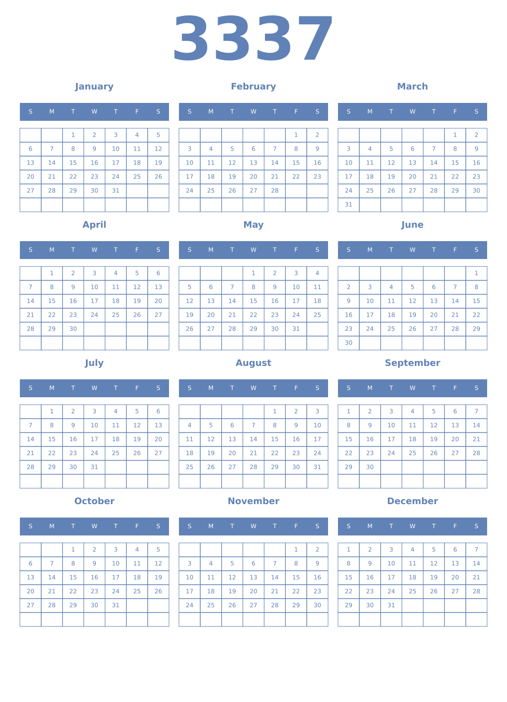Printable 3337 Year Calendars glaucous