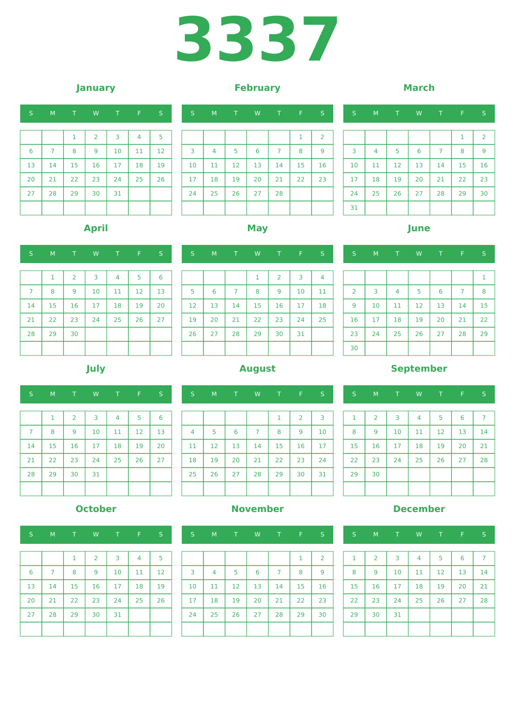 Printable 3337 Year Calendars green