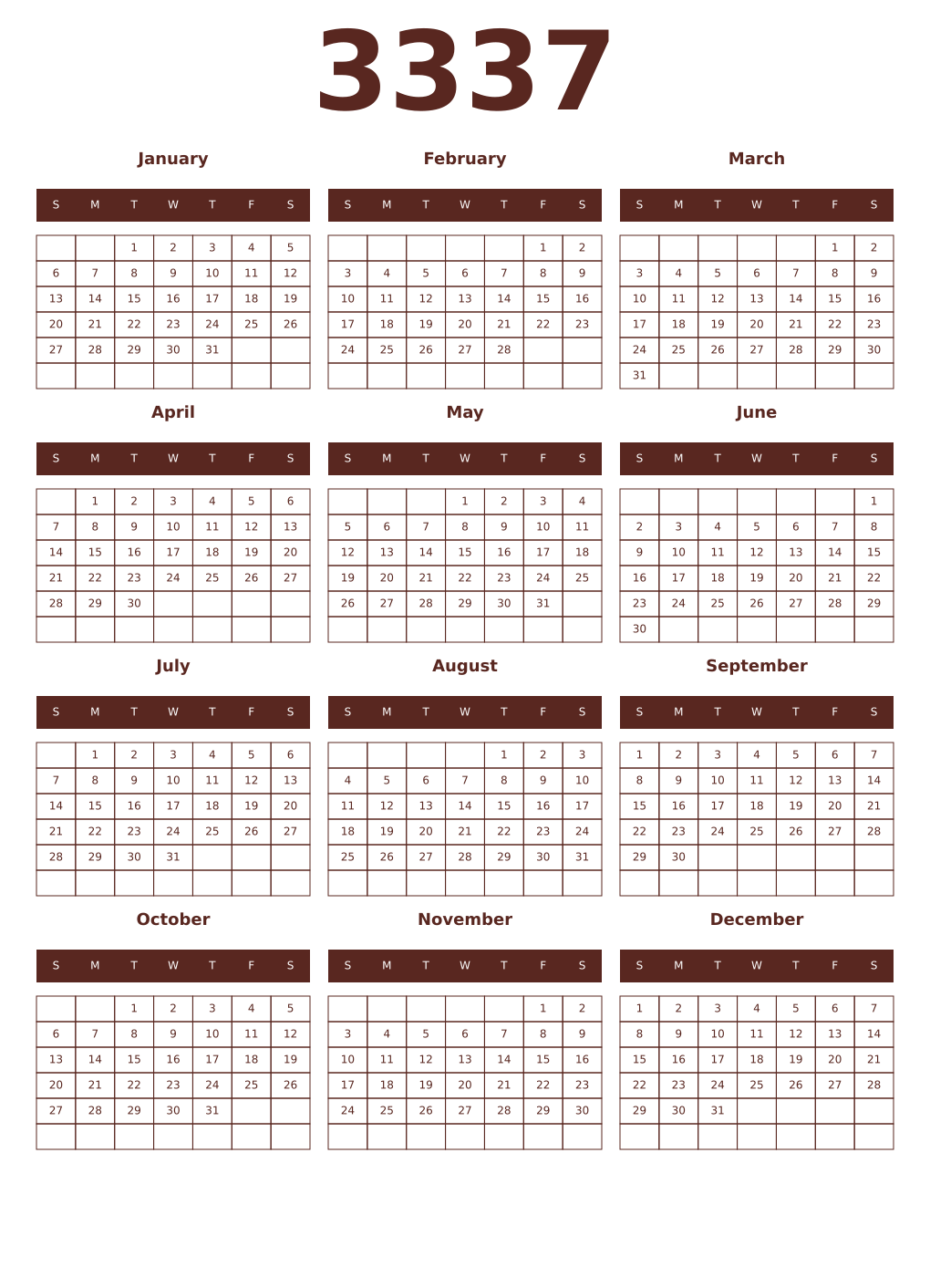 Printable 3337 Year Calendars mortuum