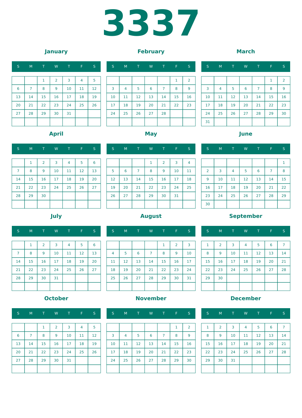 Printable 3337 Year Calendars pastel